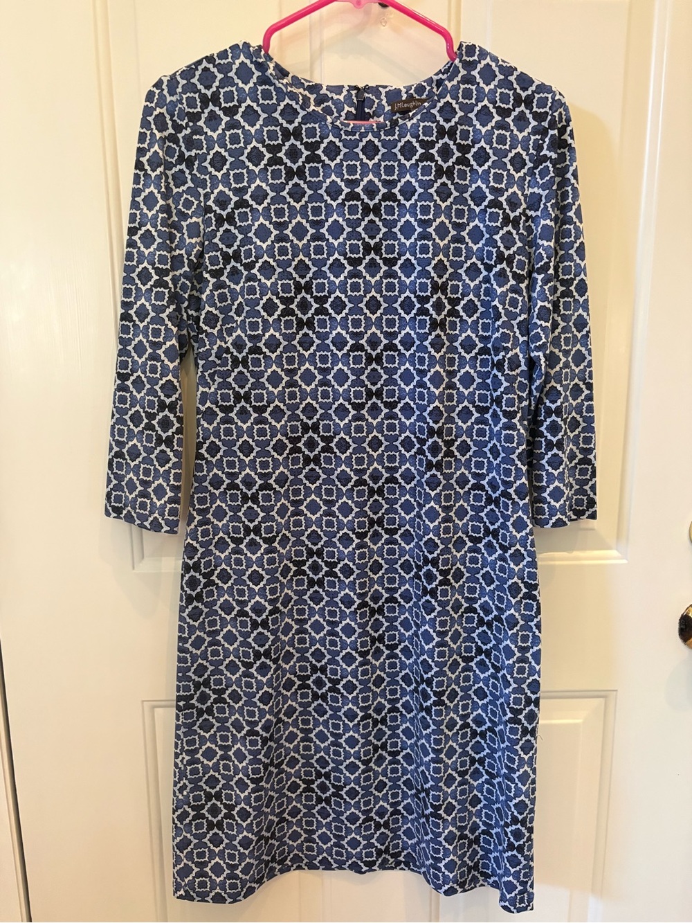 J.McLaughlin Blue Geometric Medallion Jacquard 3/4 Sleeve Shift Dress Preppy